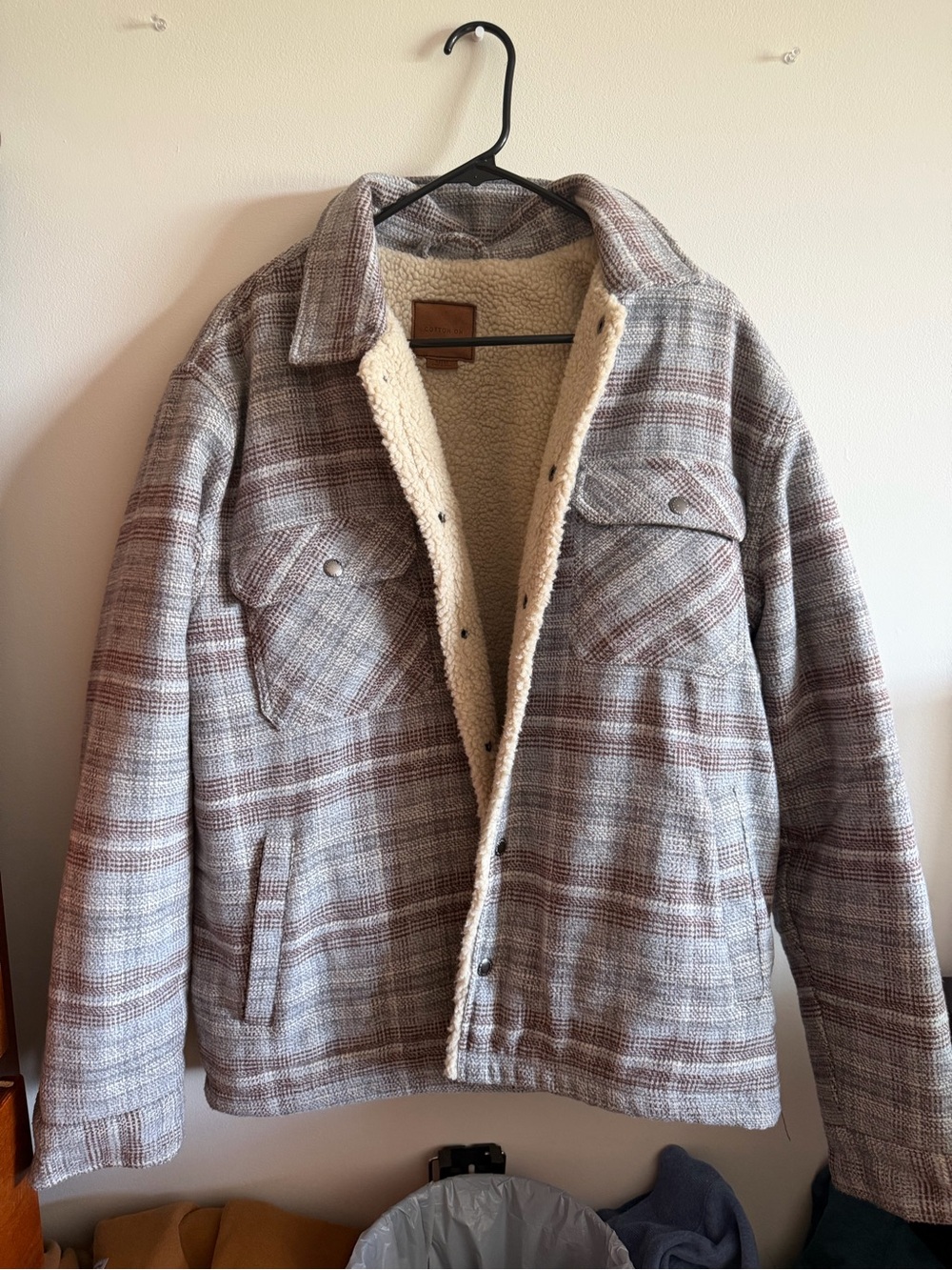 Cotton On Taupe & Cream Plaid Sherpa Jacket - Picture 3 of 6